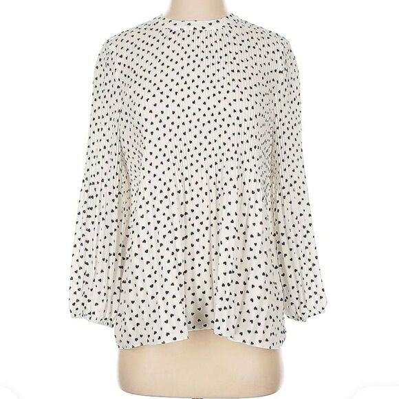 Max Studio Women’s Cream & Black Polka Dot Hearts Long Sleeved Pleated Top SZ L - Picture 8 of 13